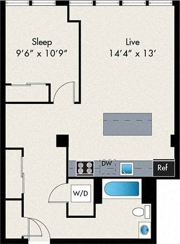 Floor plan for 1 bed, 1 bath, 715 sqft