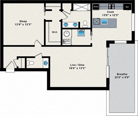Floor plan for 1 bed, 1.5 baths, 995 sqft