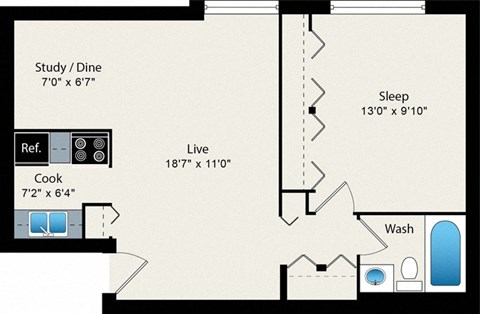Floor plan for 1 bed, 1 bath, 576 sqft