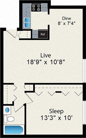 Floor plan for 1 bed, 1 bath, 610 sqft