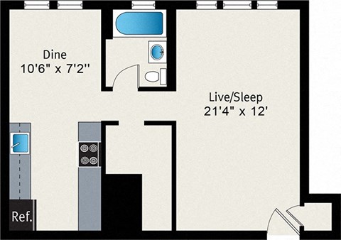Floor plan for 1 bed, 1 bath, 643 sqft