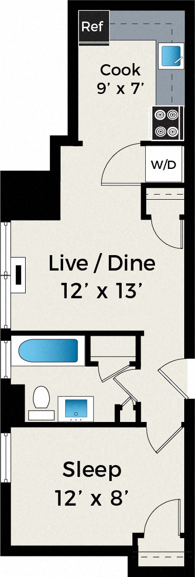 Floor plan for 1 bed, 1 bath, 432 sqft