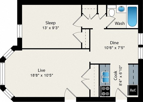 Floor plan for 1 bed, 1 bath, 635 sqft
