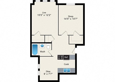 Floor plan for 1 bed, 1 bath, 669 sqft