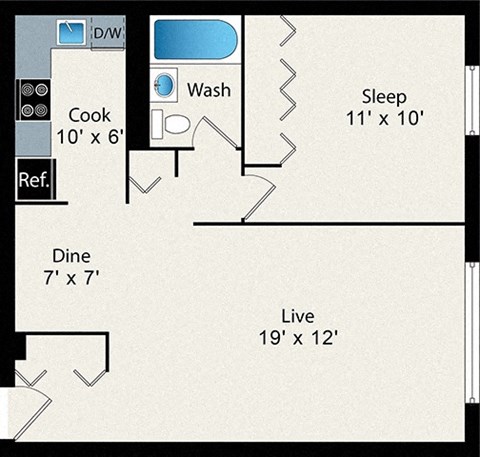 Floor plan for 1 bed, 1 bath, 612 sqft