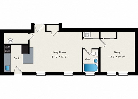 Floor plan for 1 bed, 1 bath, 668 sqft