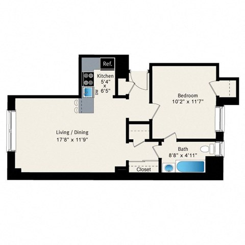Floor plan for 1 bed, 1 bath, 587 sqft
