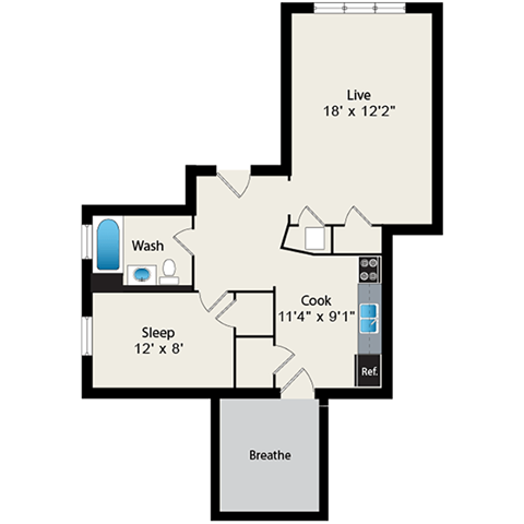 Floor plan for 1 bed, 1 bath, 614 sqft