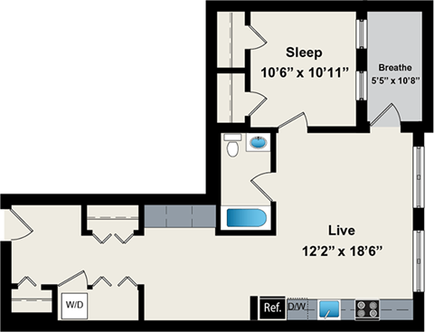 Floor plan for 1 bed, 1 bath, 785 sqft