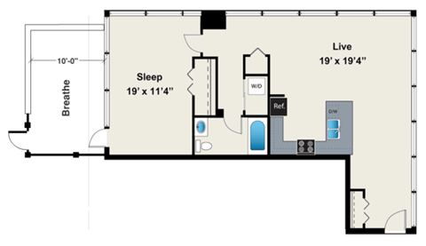 Floor plan for 1 bed, 1 bath, 879 sqft