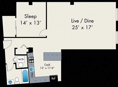 Floor plan for 1 bed, 1 bath, 1002 sqft