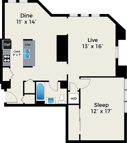 Floor plan for 1 bed, 1 bath, 1190 sqft