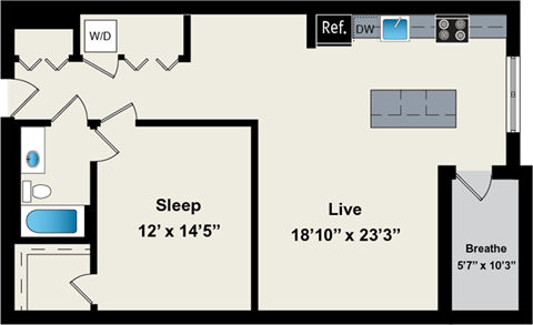 Floor plan for 1 bed, 1 bath, 897 sqft