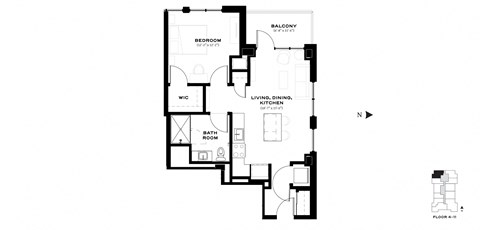 Floor plan for 1 bed, 1 bath, 724 sqft