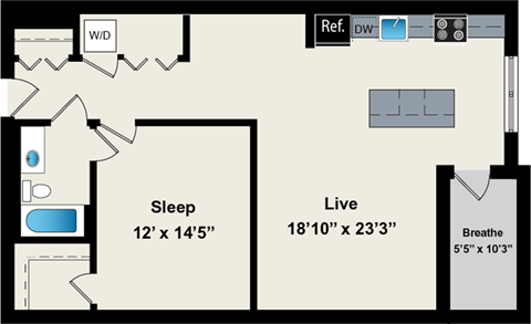 Floor plan for 1 bed, 1 bath, 897 sqft