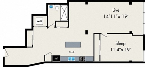 Floor plan for 1 bed, 1 bath, 1140 sqft