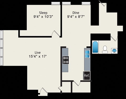 Floor plan for 1 bed, 1 bath, 722 sqft