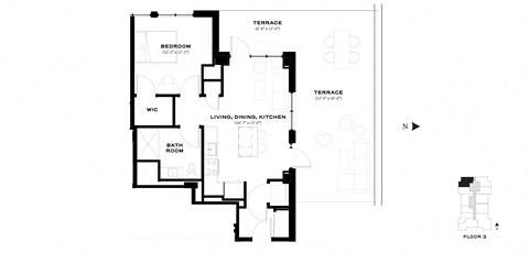 Floor plan for 1 bed, 1 bath, 724 sqft