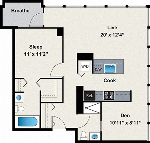 Floor plan for 1 bed, 2 baths, 920 sqft