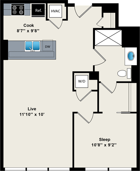 Floor plan for 1 bed, 1 bath, 682 sqft