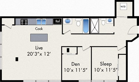 Floor plan for 1 bed, 2 baths, 1140 sqft