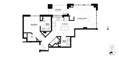 Floor plan for 1 bed, 1 bath, 864 sqft