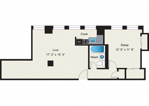 Floor plan for 1 bed, 1 bath, 681 sqft