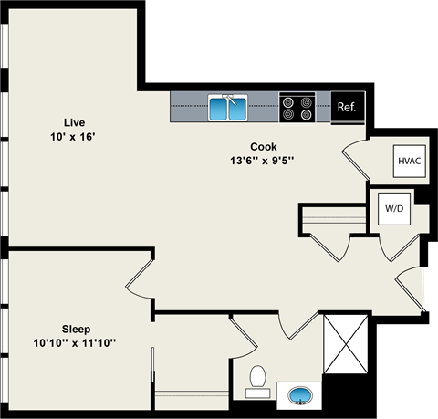 Floor plan for 1 bed, 1 bath, 684 sqft