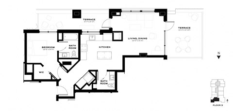 Floor plan for 1 bed, 1 bath, 864 sqft