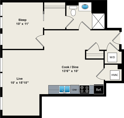 Floor plan for 1 bed, 1 bath, 695 sqft