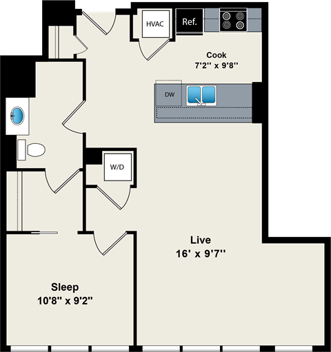 Floor plan for 1 bed, 1 bath, 696 sqft