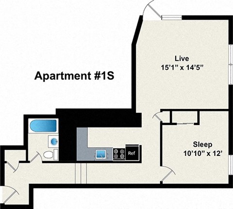 Floor plan for 1 bed, 1 bath, 703 sqft