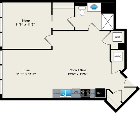 Floor plan for 1 bed, 1 bath, 698 sqft