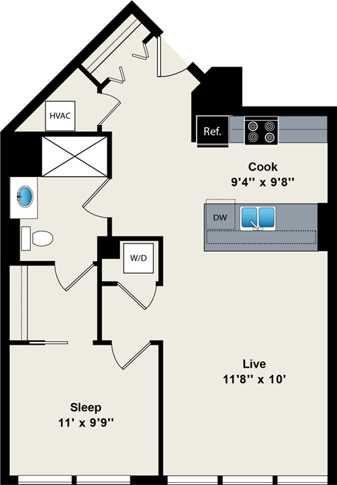 Floor plan for 1 bed, 1 bath, 700 sqft