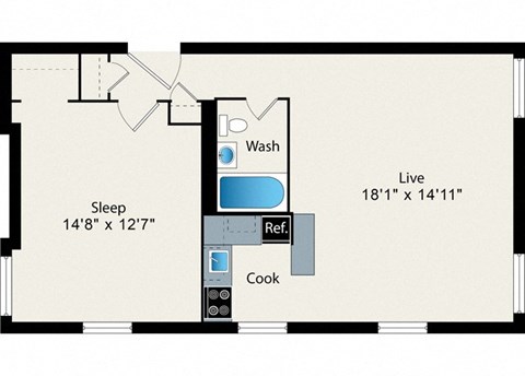 Floor plan for 1 bed, 1 bath, 747 sqft