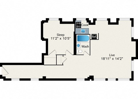 Floor plan for 1 bed, 1 bath, 754 sqft
