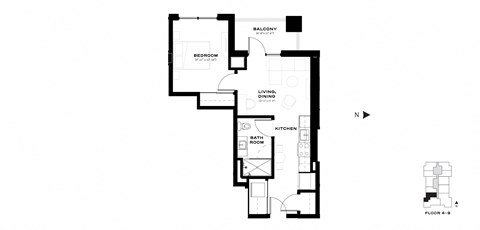 Floor plan for 1 bed, 1 bath, 598 sqft