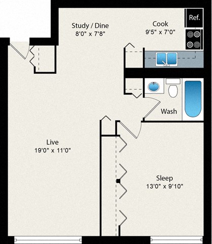 Floor plan for 1 bed, 1 bath, 612 sqft