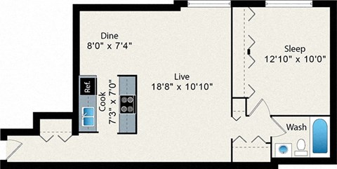 Floor plan for 1 bed, 1 bath, 613 sqft