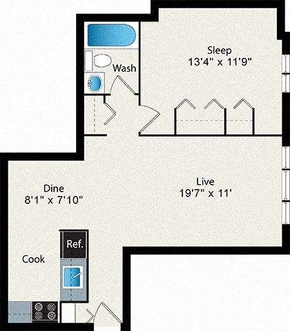 Floor plan for 1 bed, 1 bath, 647 sqft