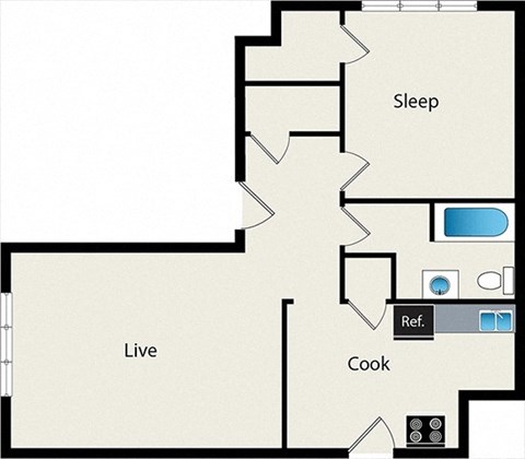 Floor plan for 1 bed, 1 bath, 692 sqft