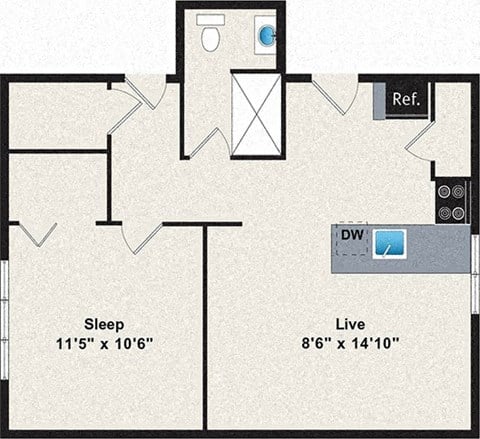 Floor plan for 1 bed, 1 bath, 532 sqft