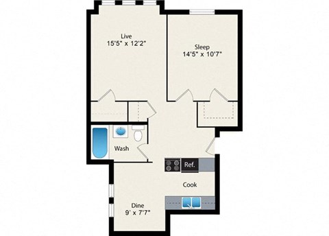 Floor plan for 1 bed, 1 bath, 768 sqft