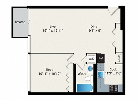 Floor plan for 1 bed, 1 bath, 722 sqft