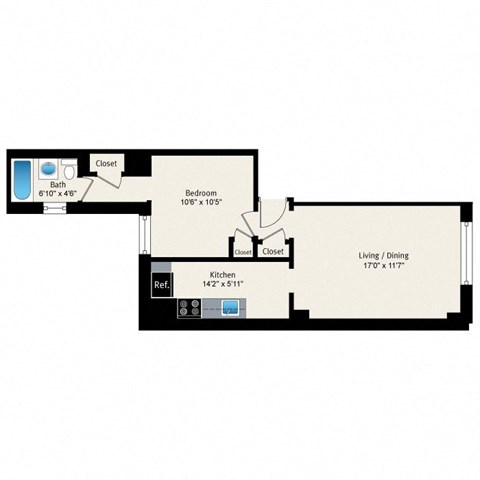 Floor plan for 1 bed, 1 bath, 597 sqft