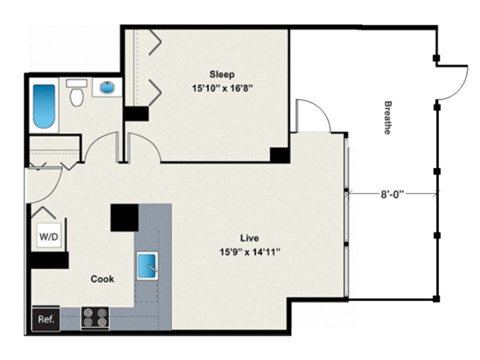 Floor plan for 1 bed, 1 bath, 680 sqft
