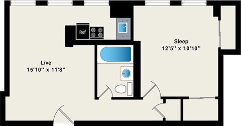 Floor plan for 1 bed, 1 bath, 531 sqft