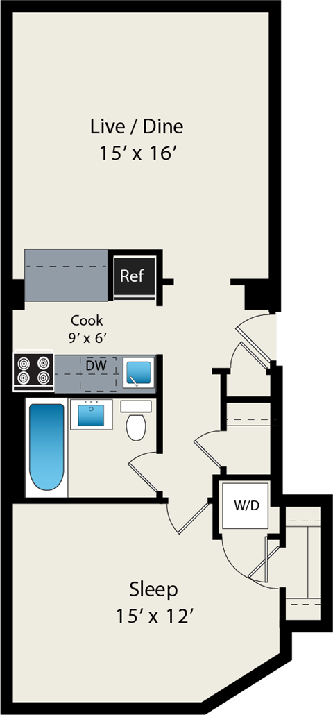 Floor plan for 1 bed, 1 bath, 699 sqft