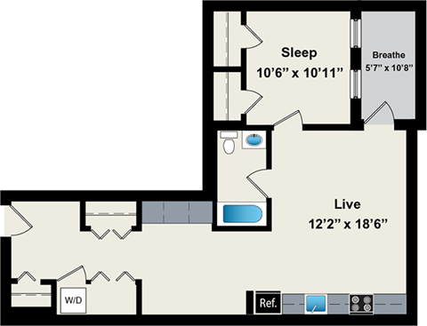 Floor plan for 1 bed, 1 bath, 785 sqft