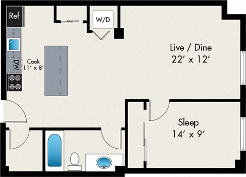 Floor plan for 1 bed, 1 bath, 717 sqft